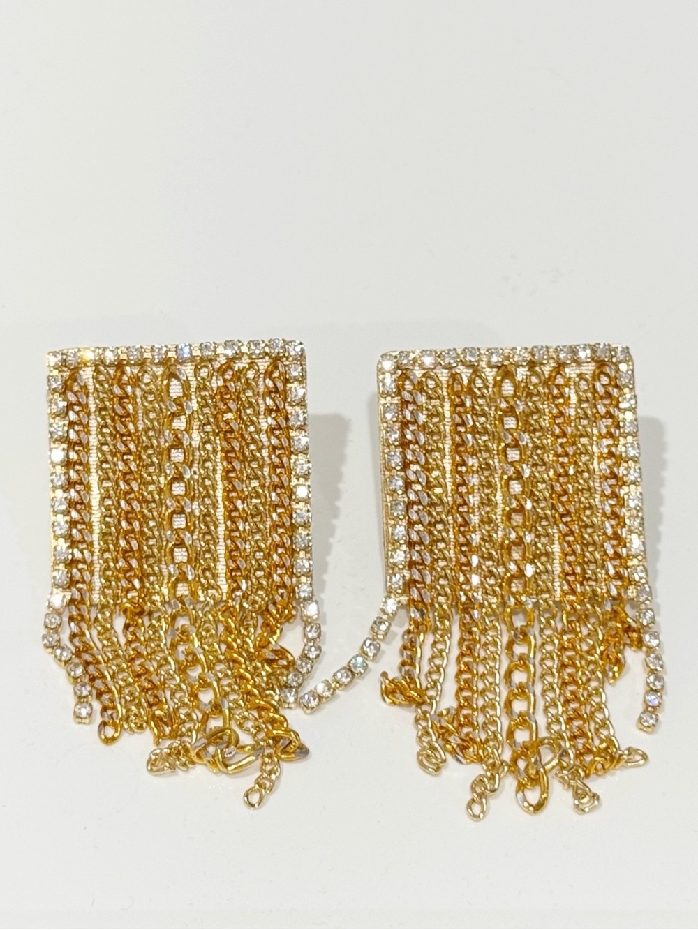 60s Gold Chain Fringe Rhinestone Square Drop Statement‎ Earrings